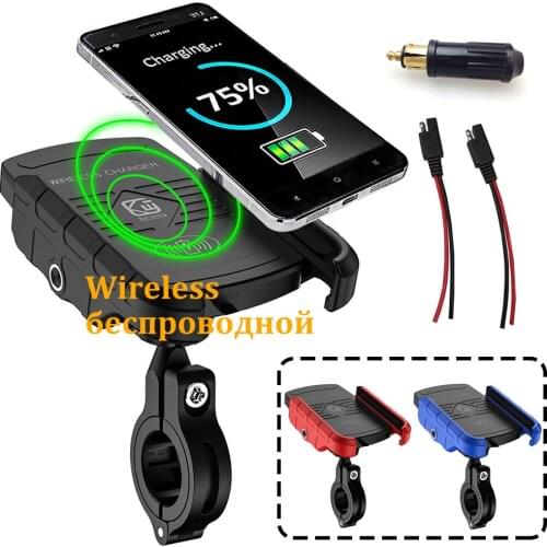 15W Motorcycle Phone Holder Wireless Charger Motorbike Charger for Handlebar Rearmirror with Din to USB Plug SAE to USB Cable