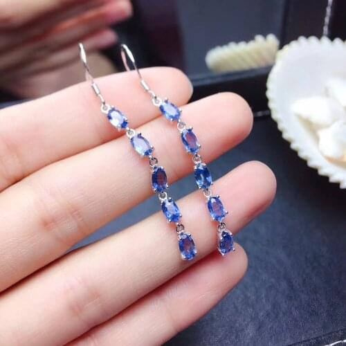 Elegant slender long Tassels natural blue sapphire drop earrings Natural gemstone earrings 925 silver women party gift jewelry