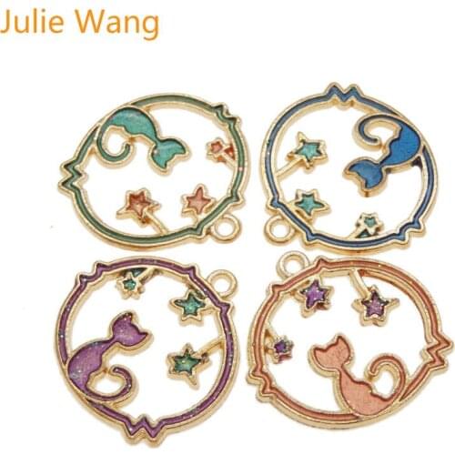 Julie Wang 4PCS Gold Base Enamel Cat kitty Stars Charms For Neckalce Pendant Findings DIY Jewelry Making Metal Accessory