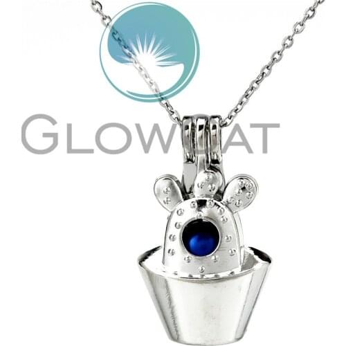 KK840 Cactus Potted Plant Beads Cage Locket Pendant Perfume Diffuser Pearl Cage Necklace Kids Girl Friend Gift