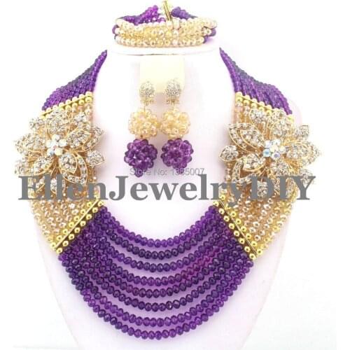 Purple Dubai Crystal Beads women statement Necklace Set African Beads Jewelry Set for Nigerian wedding bridal W7984