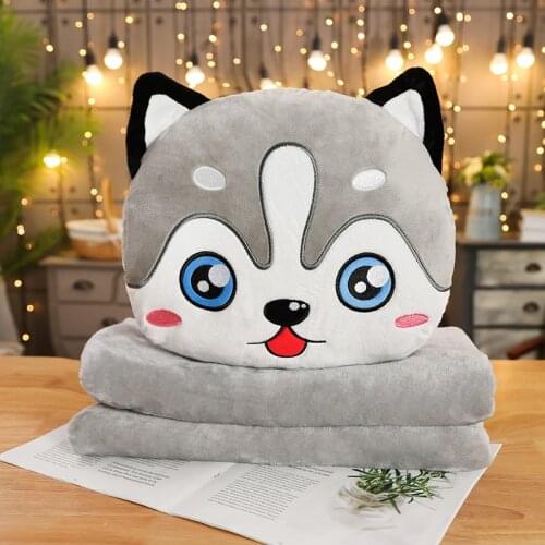40cm Cute Dog Husky Pillow Hand Warmer with Flannel Blanket Soft Stuffed Animal Toy Doll Kawaii Birthday Gift for Boy and Girls