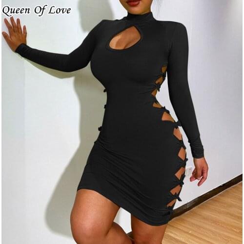 Sexy Hollow Cut Out Bandcon Bandage Mini Dress 2021 New Autumn Winter Streetwear Club Party Dresses for Women Outfits