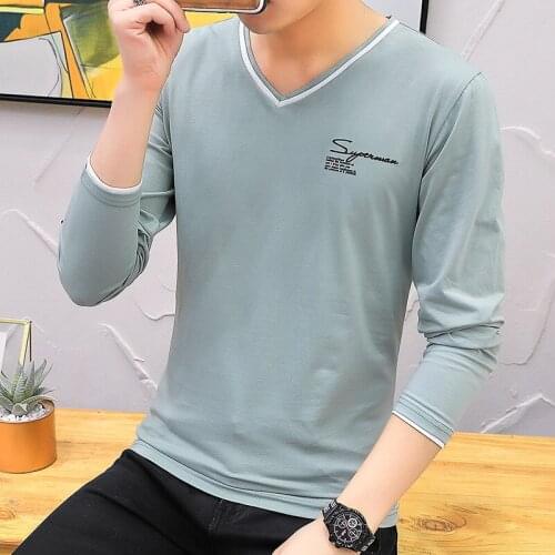 Mens T-shirts Cotton V-neck Printed Long Sleeve T-shirt Slim Pullover Casual T-shirt Men Autumn Tops Tees