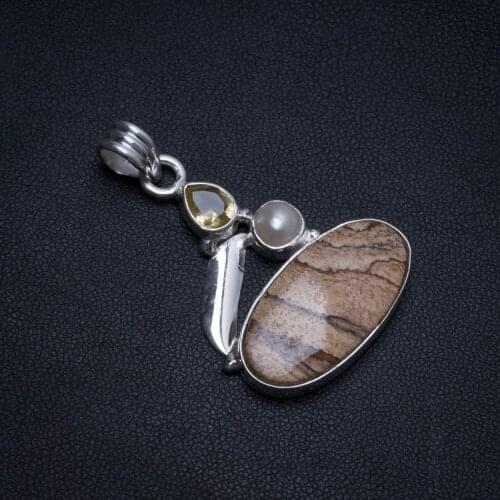 Natural Picture Jasper,Citrine and River Pearl Boho 925 Sterling Silver Pendant 1 3/4" T0474