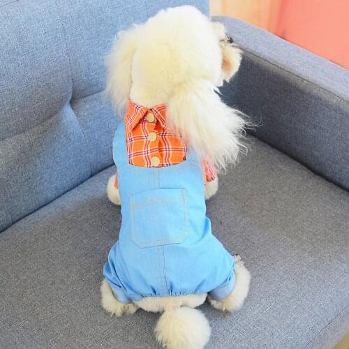 Dogs Clothes Jumpsuits Spring Autumn Denim Sling Plaid Pet T-Shirt Plaid Cat Dress Pet Puppy Skirt Teddy Puppy Clothes Small Dog