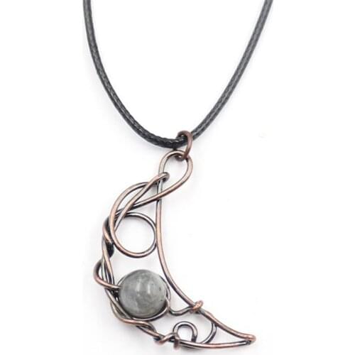 Natural Crystal Labradorite Necklace Reiki Balance Stone Round Bead Healing Gems Handmade Moon Shape Pendant Vintage Red Copper