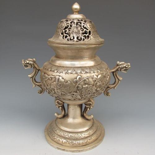 Details about 10'' Oriental Vintage Handwork Chilong Dragon Silver Copper Incense Burner & Lid