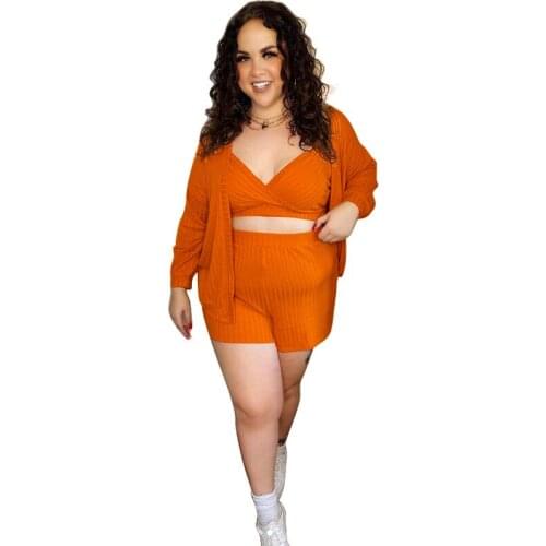 High Strency Sexy Three-piece Plus Size Womens Clothing Long Sleeves Shorts Sets for Woman Casual Street Wear Dropshipping