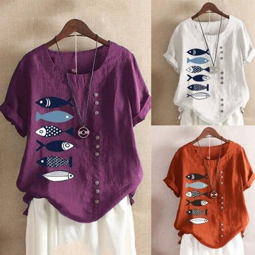 SAGACE Button cotton hemp Shirt Short Sleeve printed womens top 2021 summer womens hot style loose casual топик женский