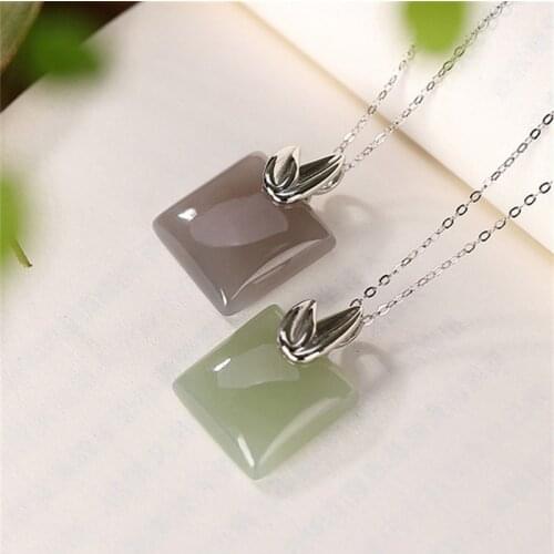 Uglyless Spring Coming Sprout Bamboo Leaves Studs Earrings Women Natural Jade Square Pendants Necklaces 925 Silver Jewelry Sets