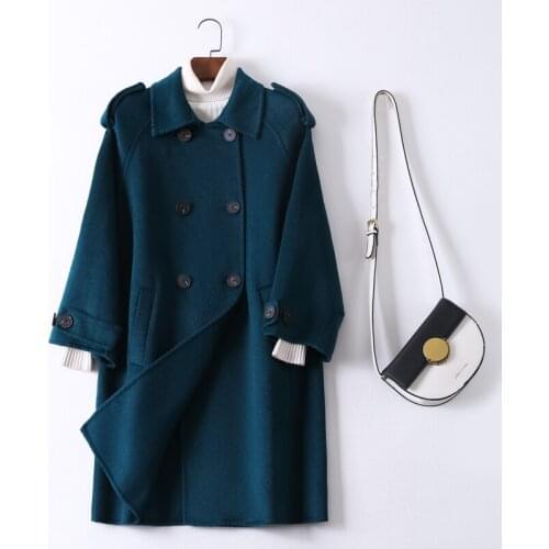 2021 Spring Autumn Coat Female Mid Korean Fashion Wool Blends Blue Double-faced Woolen Coats Straight Womens Clothing WPY4217