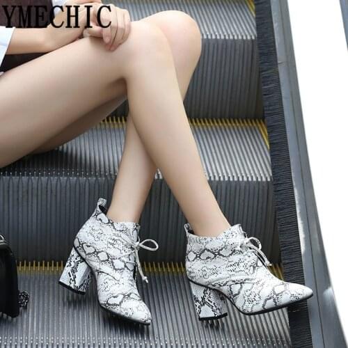 YMECHIC Fashion Party Block High Heel Shoes Green Black Snake Skin Pointed Toe Lace Up Ankle Boots Rivet Women Plus Size Bootie