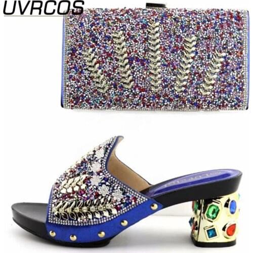 Ladies Italian Shoes and Bag Set Decorated with Rhinestone African Wedding Shoes with Bag Set Bule Color Mature Elegant Slippers