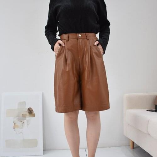 Women pants 2021 new autumn winter fashion genuine leather pants high waist wide leg pants vintage trousers plus size ML20047