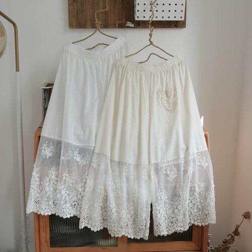 Lamtrip Literary Artistic See Lace Patchwork Elastic Waist Flower Embroidery Loose Wide-Leg Pants Cotton 2021 Summer Lolita