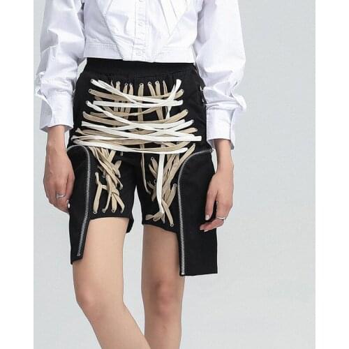 Women Patchwork Drawstring Bandage Shorts High Waist Zipper Casual Cargo Trousers Female
