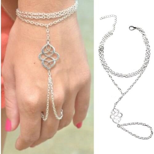 Simple silver Color Hollow Flower Bracelet Jewelry Chain Vintage Hollow Metal Through Finger Hand Chain Harness For Girls