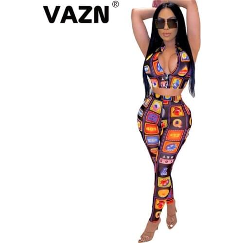 VAZN 2020 Hot Special See Through Sexy Night Club Open Fashion Vintage Elastic Tank Top Long Pants Slim Women 2 Piece Set