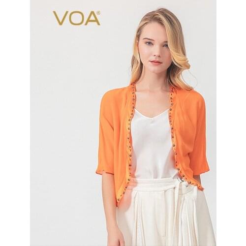 VOA Silk Georgette Shawl Collar Half-sleeve Shirt Lightweight Breathable Smart Handmade Beading Summer Sun Shirt Woman B663