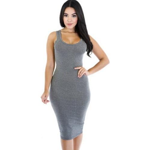 Fashion Women Sexy Dress O-neck Solid Vest Midi Dress Sleeveless Slim Basic Dresses Summer Women Party Night Dress