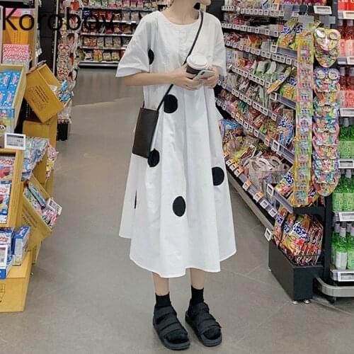 Korobov 2021 New Sweet White Polka Dot Dress Preppy Style O Neck Short Sleeve Female Dresses High Waist Slim A-Line Vestidos