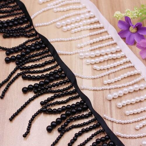 2Yards Beaded Fringe Trim White Black Long Pearl Tassel lace Pendant Trim For DIY costume Curtain decoration