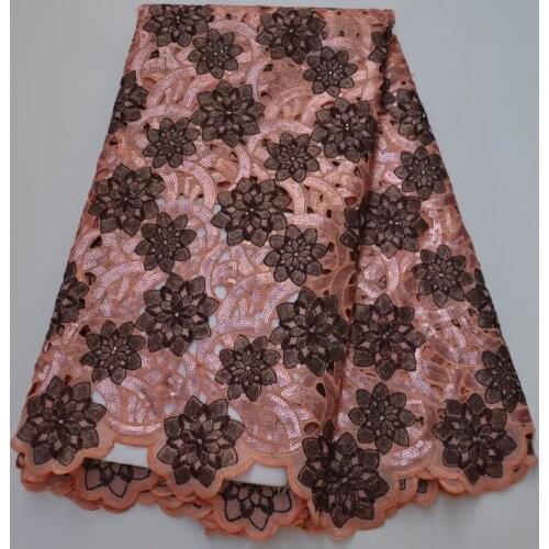 5yards/pc) high quality African hand cut organza lace fabric in peach coffee with wonderful sequins embroidery for party OP31