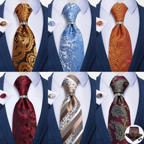 DiBanGu Classic Mens Tie 8cm Silk Jacquard Gold Red Paisley Floral Luxury Wedding Party Necktie Pocket Square Set Fathers Gift