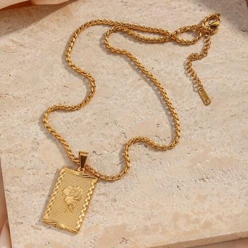 Eco-friendly Stainless Steel 18K Gold Plated Vintage Meaningful Ladies Gift Square Rose Plate Pendant Necklaces For Women