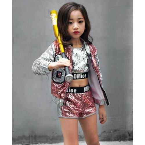 Children Girl hip Hop Jazz Costume Modern Ballroom Dance Wear Clothing Kids Sequined Sports Clothes For Girls 6 8 12 Years Old