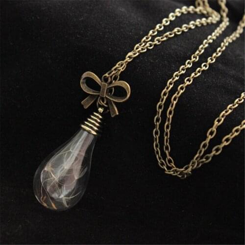 Creative Glass Wishing Bottle Dandelion Seed Pendant Necklace Retro Bowknot Link Chain Necklace Fashion Female Jewelry Wholesale