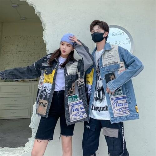 Spring Autumn Loose Vintage Patch Print Frayed Tassel Denim Jacket Women Oversized Coat Plus size Jeans Jacket Casual Streetwear