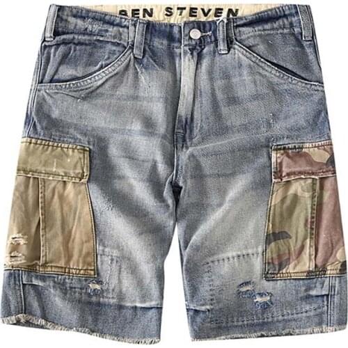 Mcikkny Men Cargo Camouflage Denim Shorts Multi Pockets Washed Jeans Shorts For Male Size 29-36 Straight