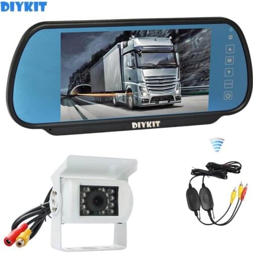 DIYKIT Wireless 12V DC 7" HD Mirror Monitor Car Monitor Waterproof CCD Rear View Car Camera White for Truck Caravan Bus Van