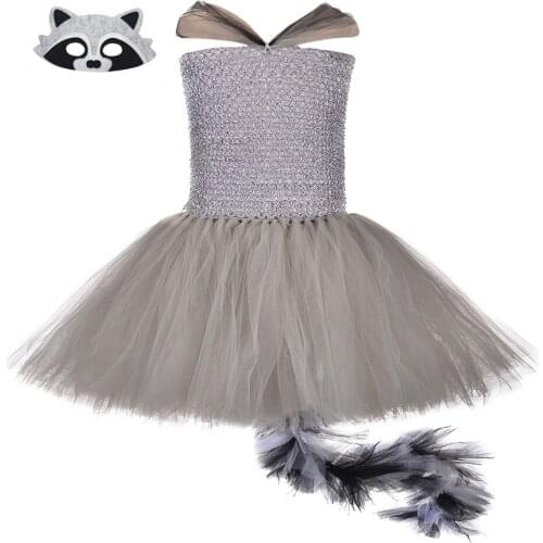 Girls Halloween Cartoon Rocket Raccoon Tulle Dress For 2-8 Years Satin Top With Trailing Fashion Kids Party Dress