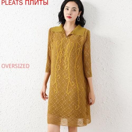 Pleated Dress Mid Dress Spring and Autumn Miyake Mesh Stripe Lace Floral Short Shirt Collar Pleats Elegant Vestido