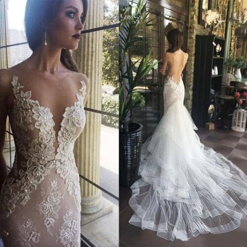 See Through Design Bride Dresses Women Lace Appliques Beaded Mermaid Women Dress for Wedding Party Vestidos De Novia