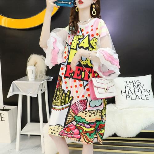 Plus Size Sweet Ladies Mesh Stitching T-shirt Dress Korean Womens Summer Flare Sleeved Print Loose Long Tees Fashion Brand Top