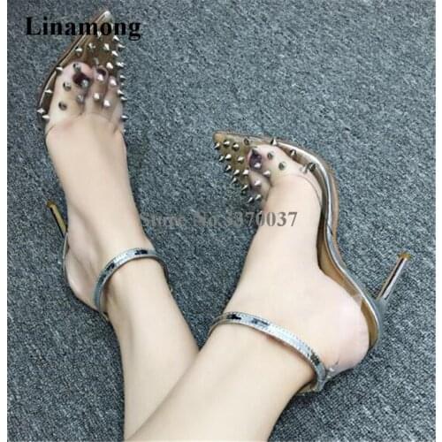 Women Luxurious Pointed Toe PVC Gold Silver Rivet Stiletto Heel Pumps Ankle Strap Transparent High Heels Club Sexy Shoes