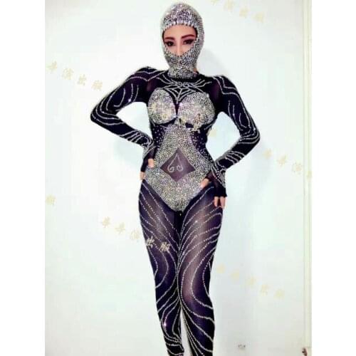 Sexy Rompers Glisten Black Rhinestones Jumpsuit Flashing Outfit Shining Sexy Headdress Party Costume Body Suits Dance Wear
