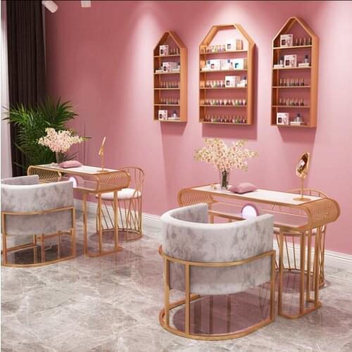 Nordic marble nail table and chair set wrought iron double table net red single double nail table