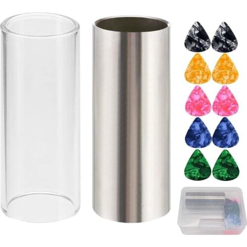T4MF 2 Pieces Medium Guitar Slides, Include 1 Colors Stainless Steel, 1 Pcs Glass, 10 Pcs Guitar Picks and 1 Pc Plastic Box