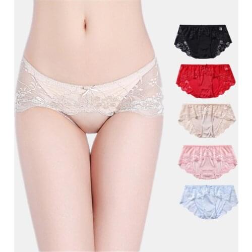 Birdsky, 3pcs Women briefs panties underwear, 100% natural mulberry silk, lace mesh, low waist, quick dry, 5 solid colors. OR-17