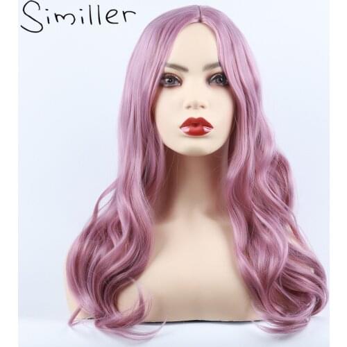 Similler Wavy Hair Women Synthetic Long Wigs Central Part Heat Resistance Fiber Taro Purple Cosplay Wig for Daily Use
