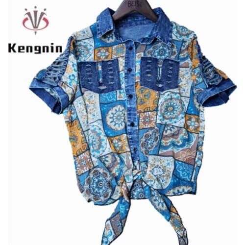 Short Sleeve Women Blouse 2021 Summer New Denim Chiffon Spliced Blouses and Shirts Loose One Size Bow Tops Print Shirt KE1388