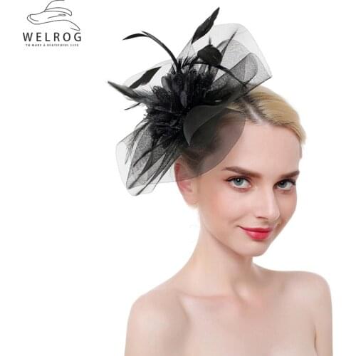 WELROG Flower Feather Fascinator On Headband For Women Ladies Solid Hair Clips Fashion Head Wear Lace Cocktail Party Head Hats