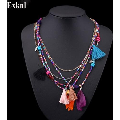 Exknl Bohemian Multi Color Feather Necklaces Beads Tassel Maxi Long Ethnic Chain Jewelry Statement Necklace For Women Collare