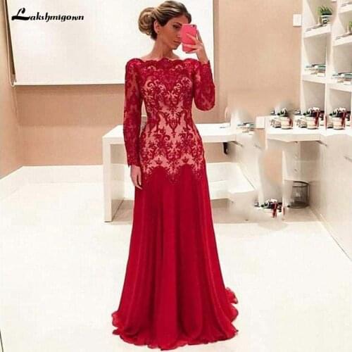 Elegant Mermaid Long Sleeve Evening Dresses 2020 Sheer Lace Chiffon Formal Prom Dress Arabic Formal Mother Of The Bridal Dress