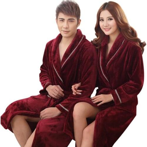 Winter Thick Warm Female Coral Fleece Kimono Robe Lovers Couple Nightgown Bath Gown Sleepwear Burgundy Men Large Nightwear